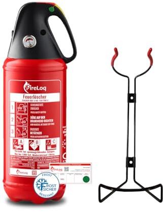 FireLoq 2kg Pulver Auto Feuerlöscher mit Schutzkappe ABC mit 13A | 89B | C ergibt 4 LE Dauerdruck inkl. Prüfnachweis,Wandhalter und Manometer