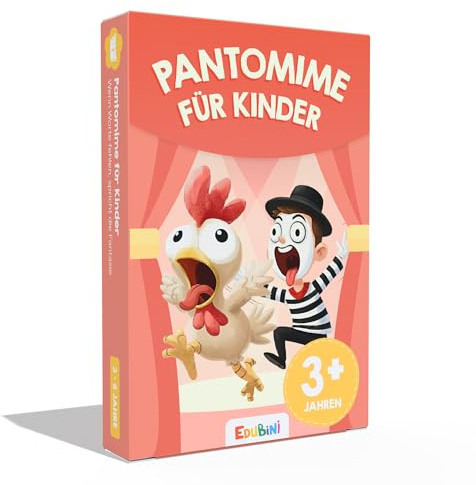 Edubini Pantomime Spiel Kinder [50 Karten + witzige Motive] - Familienspiele für Fantasie & Kreativität - (Kinder Geschenke) - Kartenspiel & Lernspiel ab 3, 4, 5, 6, 7, 8 Jahre