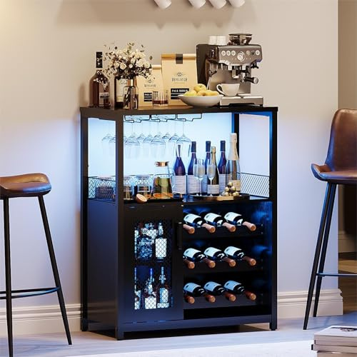JOLLYTOP Weinbar Schrank 36 – Kompakter Bar Schrank Mit Verstellbaren Ablagen, Glashalter & Metallgittertür – Liquorschrank & Kaffeebar Möbel Für Küche & Esszimmer,Schwarze +Lampe