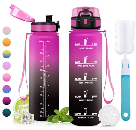 JAPORIA Borraccia 1L, senza BPA, Borraccia con Filtro, Motivazionale, a Prova di Perdite, Bottiglia Acqua con Marcatori Temporali per Studenti, Ufficio, Sport, Palestra