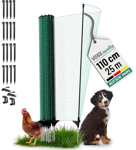 VOSS.farming Begrenzungszaun Classic ohne Strom, 25m, 110cm, 15 Pfähle, 1 Spitze, grün, Kleintiernetz, mobiler Zaun, Gartenzaun, für Garten, Haus, Hof