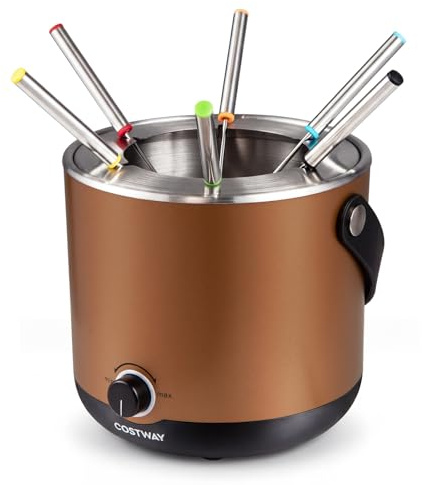 COSTWAY 800 W Fonduta Elettrica, Pentola di Cioccolato Elettrica in Acciaio Inox con 6 Forchette, Anello Paraspruzzi e Maniglia, Protezione Surriscaldamento, Fonduta per Formaggio, Hotpot
