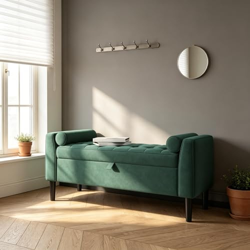 GarveeMore Sitzbank mit Stauraum (118cm), Polsterbank & Sitztruhe aus Samt mit Armlehnen und Holzbeinen, Truhenbank als Schuhbank, Bettbank & Garderobenbank für Flur, Schlaf- & Wohnzimmer (Grün)