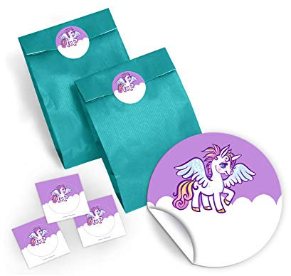 12 Party-Tüten/türkis mit 12 Aufkleber für Geschenke oder Mitgebseln beim Kindergeburtstag Einhorn / Hochzeit/Geburtstag/Kinderfest/Papier-Tüten für Geschenkverpackung