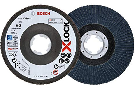 Bosch 1x Fächerschleifscheibe (X-LOCK, Ø 125 mm, Körnung K60, Bohrung Ø 22,23 mm, abgewinkelt, Professional Zubehör Winkelschleifer)