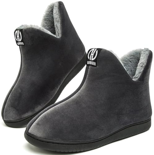GURGER Herren Hüttenschuhe Damen Plüsch Hausstiefel Gefüttert Warm Hausschuhe Hohe Winter Pantoffeln Slipper Feste Sohle für Frauen Dunkel Grau Gr. 42 43