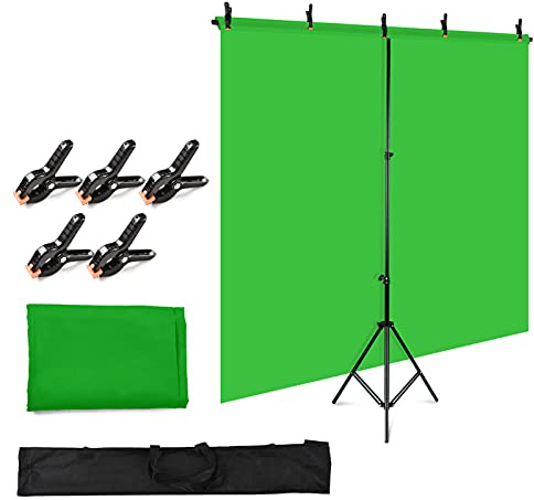 Kit Andoer de Fotografía 5 x 7 pies Fondo Verde con Soporte Ajustable y 5 Abrazaderas de Resorte