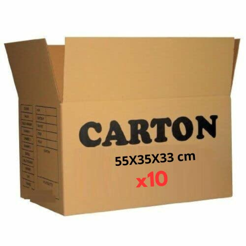 Kit 10 Cartons Déménagement Taille L | Caisse Américaine 55 X 35 X 33 cm | Produits Légers à Mi Lourds - Jusqu'à 20 KGS | 1 Rouleau Scotch Kraft Offert | Vêtements, Linge, Livres, Objets Non Fragiles