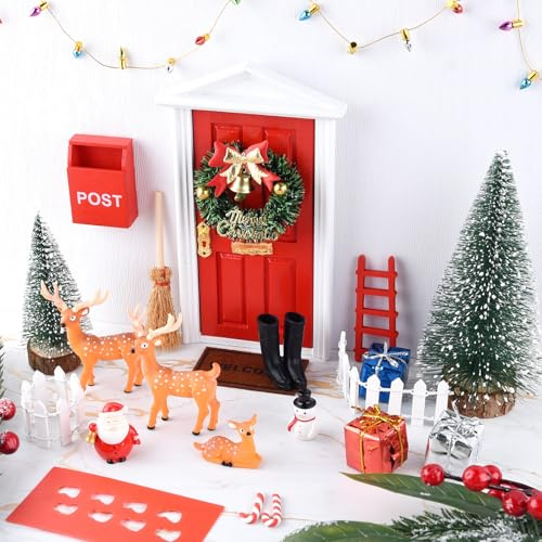 PLULON 25St Weihnachtselfe Zubehör Rote Feentür Mini-Weihnachtsbäume Weihnachtsmann-Schneemann-Hirsch-Baum-Kranz Verzierungen im Freien Weihnachtselfen-Mädchen-Dekorationen Feenmodell aus Holz