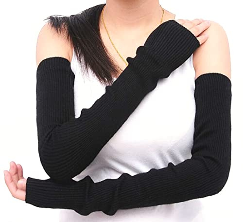 Damen Strickhandschuhe Lange Fingerlose Winterhandschuhe Wollmischung Armstulpen Ellenbogenlänge Lange Fingerlose Handschuhe Thermo rutschfeste Armstulpen Fingerlose Fäustlinge(schwarz)
