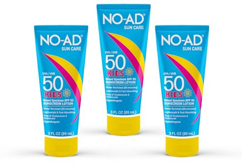 NO-AD KIDS SPF 50 Sunscreen Lotion | Non-Greasy and Waterproof Sunscreen | Suitable for All Skin Types | Broad Spectrum Protection for Active Lifestyles | 3 oz | Pack of 3