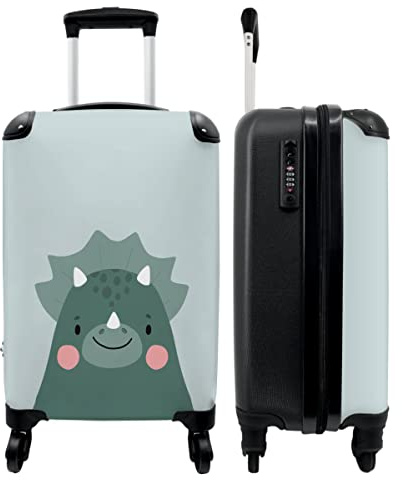 NoBoringSuitcases.com® Koffer Junge Handgepäck Hartschalenkoffer Klein Trolli - Kinder - Geschenke - Dino - Grün - Tiere - 55x35x20cm