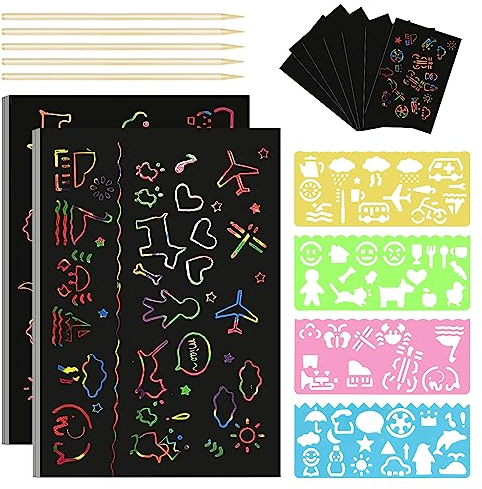 UKOFEW 50 Blätter Kratzbilder Set zum Zeichnen, Regenbogen Kratzpapiere für Kinder, Scratch Art Paper für Kinder, mit Schablonen, zum Zeichnen und Basteln, Kratzbuch Mädchen/Jungen (18,3 x 12,3cm)