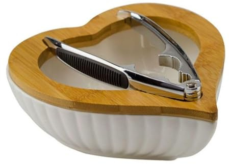 Mondocreazioni Juego de regalo de boda cascanueces corazón blanco de porcelana y bambú harmony PRMT22127