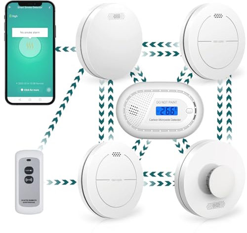 Safeliveo Wireless Interlinked Wifi Smoke Alarm Heat Alarm Carbon Monoxide Alarm with Remote Control, App notification,10 Year Battery, 85dB Buzzer, Silence and Test Function,CE & BS Certified 6Pack
