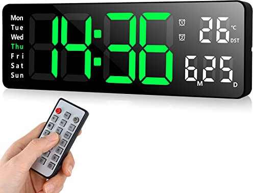 Koolertron Horloge Numérique Murale LED Reveil Positif Compte à Rebours Chronomètre USB Luminosité Réglable avec Télécommande pour Salon Cuisine Bureau Gymnase (13 Pouces, Vert)