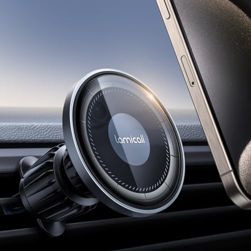 Lamicall Car Phone Holder for MagSafe - [2025 HD Glass Panel] Strong Magnetic Phone Car Mount, Air Vent Phone Mount for iPhone 17 16 15 14 Pro/Max/Plus/Air & Magnetic Case, Others with Metal Ring