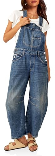 PLNOTME Women's Denim Bib Overalls Barrel Leg Adjustable Strap Jeans Pants Jumpsuits with Pockets
