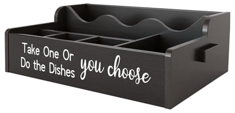 Karisky Paper Plate Dispenser for Countertop, Solid Wood Silverware Utensil Caddy Holder for Party, 6 Compartments Cutlery Flatware Organizer for Cups Plates Spoons Forks Napkins, Black