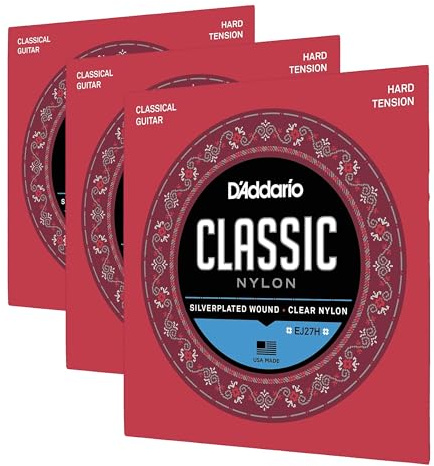 D'Addario Gitarrensaiten Konzertgitarre | Nylon Gitarren Saiten | Nylonsaiten | DER BELIEBTESTEN SAITENMARKE WELTWEIT | EJ27H | Nylon | Hard Tension (Packung mit 3)