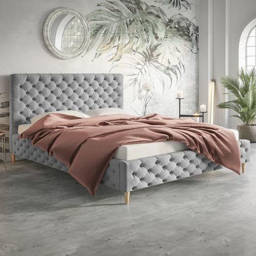 MOTIVENA Gloria Chesterfield Bett 180x200, Polsterbett 180x200 mit Füßen, Polsterbett 180x200 ohne Bettkasten, Polsterbett 180x200 Samt, mit Lattenrost, mit Kopfteil, ohne Matratze, Grau Hellgrau