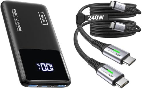 INIU Power Bank, 10000mAh Slimmest Fast Charging Portable Charger, 22.5W Battery Pack PD3.0 QC4.0 & 240W USB C to USB C Charger Cable, [2-Pack 2m] PD Type C Charge Cable, Super Fast Charging USB