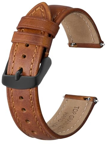 BISONSTRAP Cinturini per Orologi da Uomo in Pelle Retrò, Cinturino di Ricambio in Pelle di Vitello Cerata a Olio, Sgancio Rapido, 22mm, Marrone Caramello (Fibbia Nera)