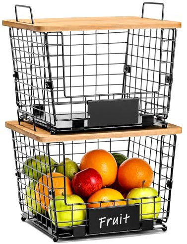 2 Set Large Stackable Wire Basket with Bamboo Tops & Tag- Pantry Organizer and Storage Bins, Kitchen Counter Cabinet Shelf Countertop Under Sink Organizing for Food Snack Produce Onion Potato Bread