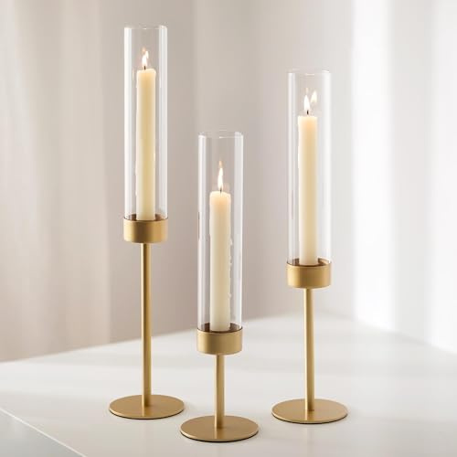 Romadedi 3er Set Kerzenhalter Stabkerze mit Glaszylinder for Tisch | Hohe Kerzenständer für Stabkerzen, für Hochzeit Esstisch Party Wohnzimmer Deko, Hoch, Metall, Gold