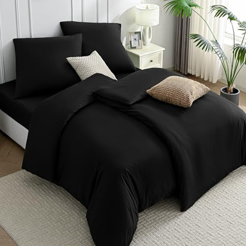 JELLYMONI Bettwäsche 135x200 Baumwolle 4-Teilig Bettwäsche-Sets Schwarz Oeko-Tex 100% Gewaschene Baumwolle 2 Bettbezüge mit Reißverschluss und 2 Kissenbezüge 80X80 mit Umschlag 4tlg. Bettwäsche