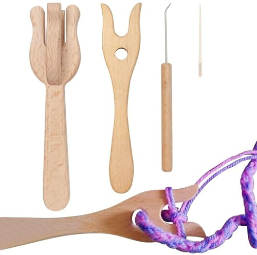 Generisch Lucet Flechten - 4-teiliges Lucet-Gabel-Häkelset Aus | Tragbares Strickgabel-Set Mit Großer Öhrnadel, Holzgabelflechter Und -Lucet-Gabel-Häkelset Für Die Teppichherstellung