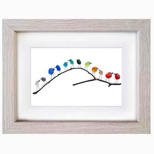 ABPWO Sea Glass Art, Rainbow Birds on Branch, Glass Pictures Wall Art, Sea Glass Decor, Housewarmings, Birthday & Wedding Gifts, Handmade, 12 Birds, Grey Frame
