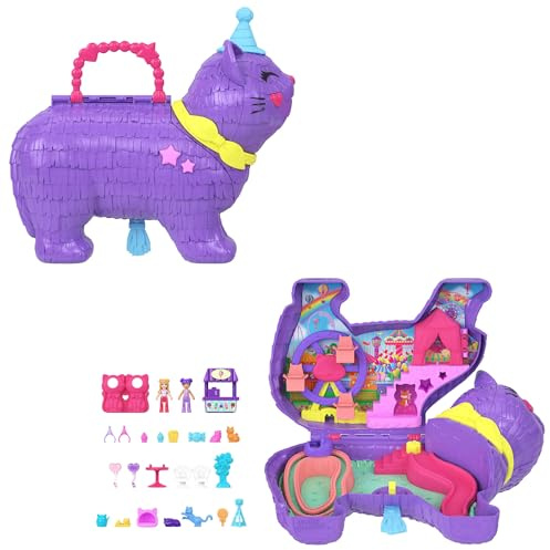 Polly Pocket - Gattino delle Feste, Set pignatta a Tema Festa di Compleanno con Ruota panoramica, Include 2 Mini Bambole, Cuccioli e 23 Accessori a Sorpresa, Giocattolo per Bambini, 4+ Anni, JFT90