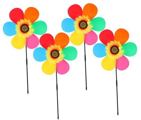 VICASKY Lot de 4 moulins à vent en forme de tournesol arc-en-ciel - Petits moulins à vent - Pour l'extérieur - Accessoires de décoration - Moulin à vent en plastique