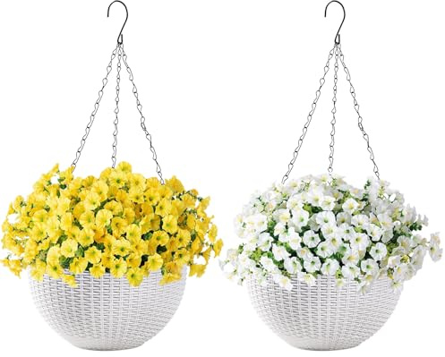 Yarteim Blumenampel Außen 2er Set, Hängend Blumentopf Kunststoff Hängekörbe Hängende Pflanzgefäßen Hängepflanztöpfe mit Kette Abflusslochs, Hängeampel für Innen Außen Pflanzen Blume Decken Balkone