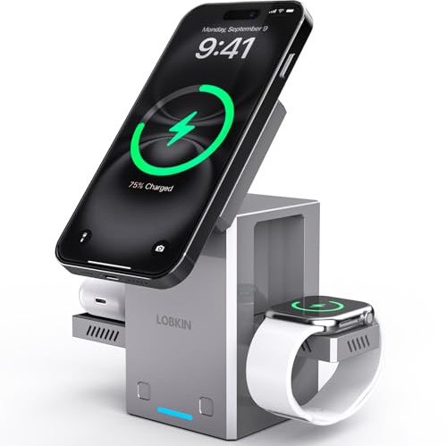 LOBKIN 3 in 1 Ladestation für Apple,Magsafe Ladegerät, Drehbarer Wireless Charger Station,Induktive Ladestation für Mehrere Geräte iPhone 16–12 Serie, AirPods, Apple Watch