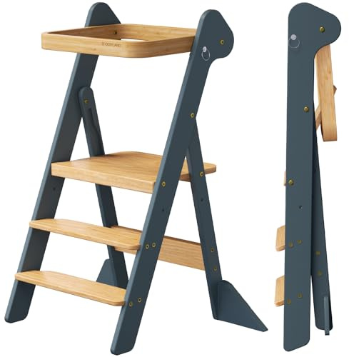 COSYLAND Marchepied Pliable pour la Cuisine - If Design récompensé - Gain de Place - Tour Debout avec Filet de Protection - Hauteur réglable - Tabouret de Cuisine pour Enfants (Gris foncé et Naturel)