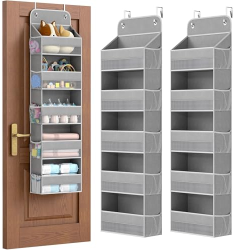 LAMU 2 Pack 5-Tier Back of Door Storage, Swing-Proof Hanging Wardrobe Organiser for Baby Clothes, Over the Door Storage for the Bedroom, Nursery and Bathroom, Grey