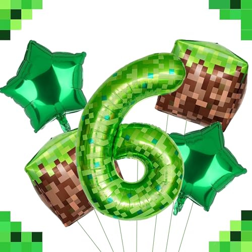 DazzJoy Pixel Geburtstagsdeko 6 Jahre Junge, Pixel Miner Luftballon 6. Geburtstag Junge, Grün Pixel 40 Zoll Folienballon Zahlen 6, Videospiele Luftballons Geburtstag 6 Jahre Jungen, Zahl Ballon 6