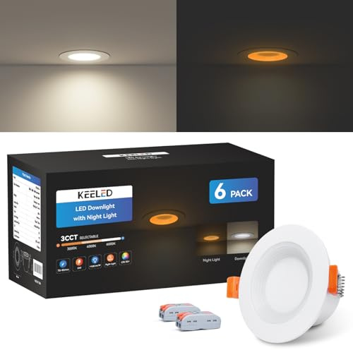 KEELED Downlights for Ceiling, Recessed Lighting with Night Light, 230V, 6W, 3CCT 3000K/4000K/6000K Selectable, 70-85mm Cutout, 6-Pack