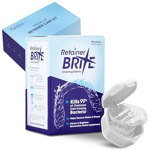 Retainer Brite Cleaning Kit with 96 Tablets and Retainer Storage Case – Angel White – for Retainers, Invisalign, Dentures, Mouthguards – Removes Plaque, Kills 99% Bacteria