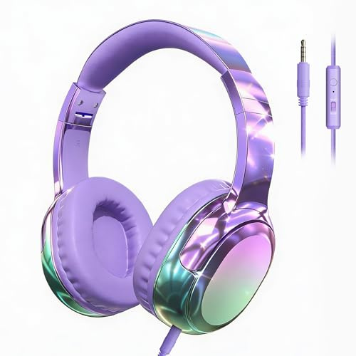 MOXKING Auriculares con cable para niños con micrófono, auriculares plegables sobre la oreja para niños pequeños, niños y adultos, auriculares estéreo ajustables para la escuela, viajes y estudio