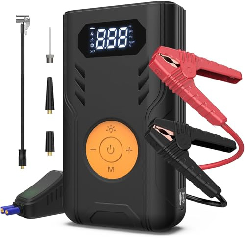 BAFOVY Démarreur de Saut 3000A, Banque d'alimentation Portable 12V avec écran LCD et Compresseur d'air 120PSI, pour Voiture Camion SUV avec 8 Protections de sécurité
