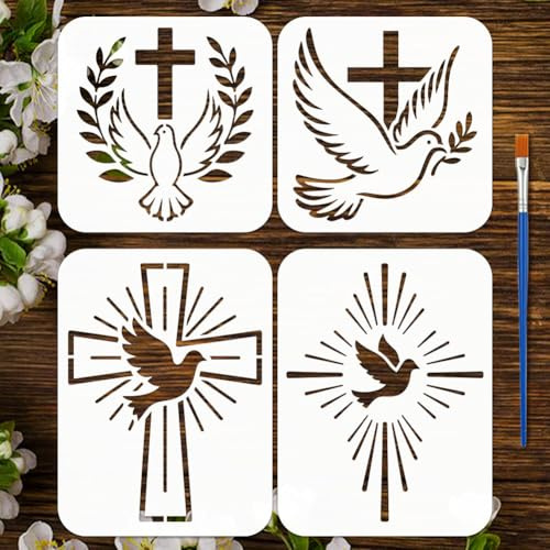 FINGERINSPIRE 4 Stück Taubenkreuz Malschablone Mit Pinsel 2 wiederverwendbare Friedenstauben Zeichenschablone Taubensilhouette Schablone Tiermotiv Vorlage Für DIY Scrapbooking Und Wanddekoration