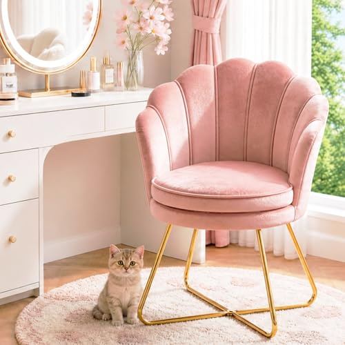 Hellove Esszimmerstühle Schminktisch Stuhl aus Samt, Schminkstuhl Muschel Stuhl mit Gold Metallbeinen, Korallen-Rosa Vanity Sessel, Elegant Loungesessel, Armlehnstuhl für Schlafzimmer & Wohnzimmer