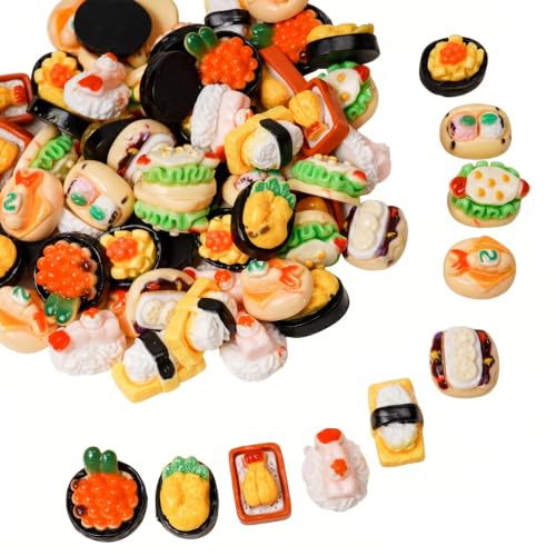 40 Stück Miniatur Essen Sushi Set, Puppenhaus Zubehör Mini Essen, Miniatur Deko Harz Sushi Figuren für Puppenstube Puppenküche Wichtel Zubehör Basteln, Zufällige Stile (1,9 x 1,8 x 1 cm)