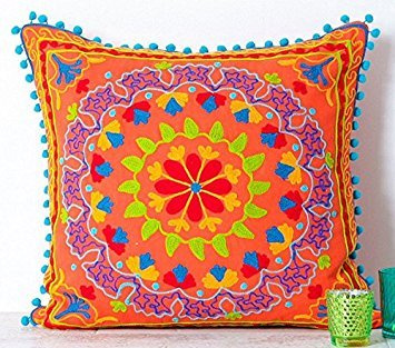PDTXCLS ATAZUA Embroidered Orange Cotton Suzani Indian Cushion Cover. 20 X 20