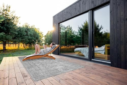 -LUXOR- living In- und Outdoor Teppich Lago, dünner waschbarer Teppich für Camping, Terrasse oder Wohnbereich, wetterfest, 240 x 340 cm, Grau-anthrazit