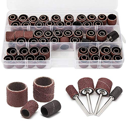 104Pcs Sanding Band Drum Sleeve 60 120 320 Grit 1/4 1/2 Nail Drill Sander with 4 Drum Mandrel for Dremel Rotary Tool