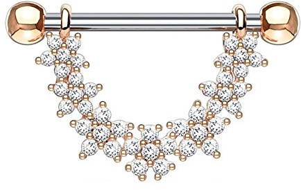 beyoutifulthings ZIRKONIA-Blumen Bogen Brustwarzen-Piercing Brust-Piercing Intim-Piercing Edelstahl Silber Gold Roségold Clear Stab 1,6mm 14mm